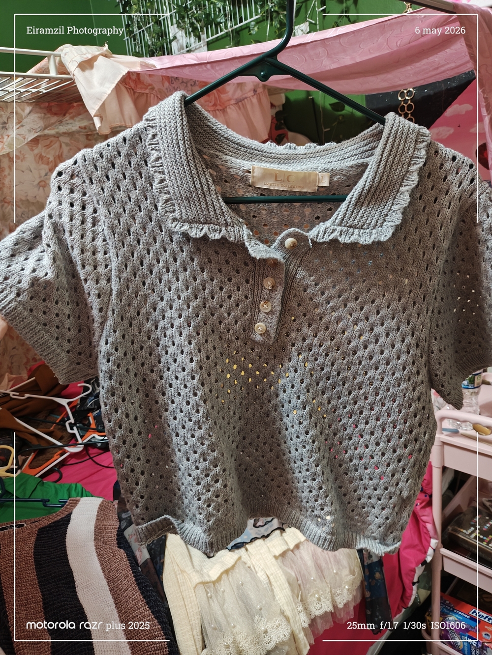 LIC Gray Open-Knit Cropped Polo Top